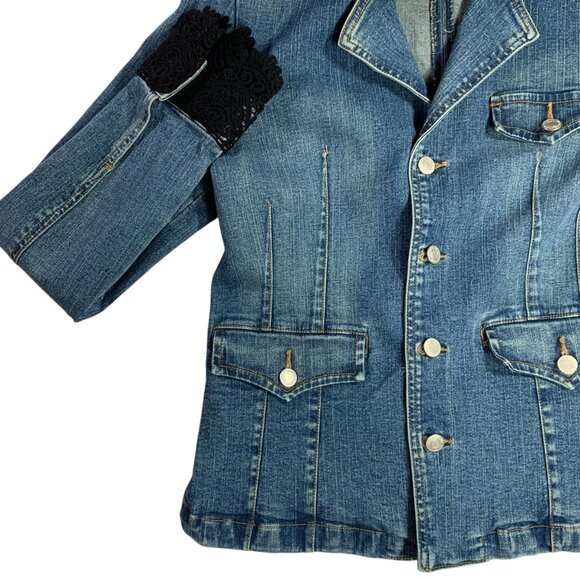 Western Glam Denim Jacket Blazer Black Lace Flower Appliqué Rockstar Boho Chic - Picture 4 of 13
